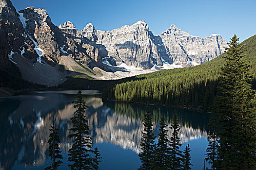 山脉,湖,反射,蓝天,艾伯塔省,加拿大
