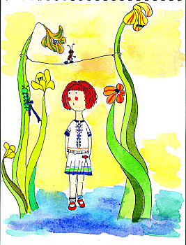 插画,小女孩,花草,蚂蚁走钢丝,毛毛虫