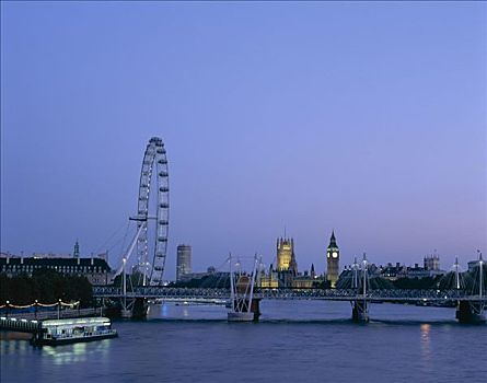 城市天际线,泰晤士河,伦敦眼,议会大厦,夜景,伦敦,英格兰