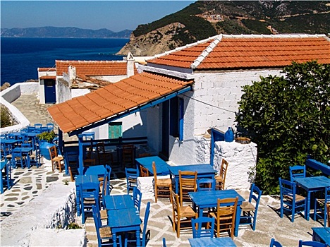 希腊,酒馆,蓝色,椅子,全景,海景