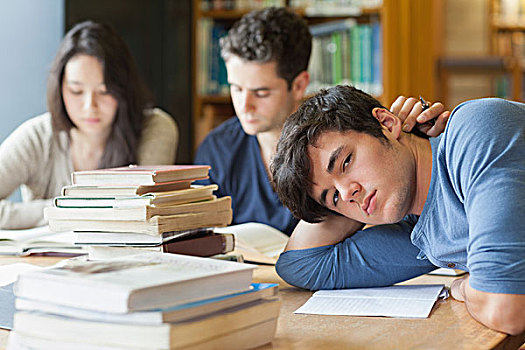 疲倦,学生,休息,桌子,大学,图书馆