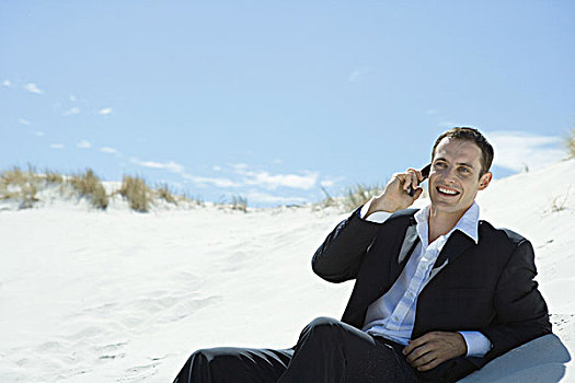 商务人士,坐,沙丘,手机
