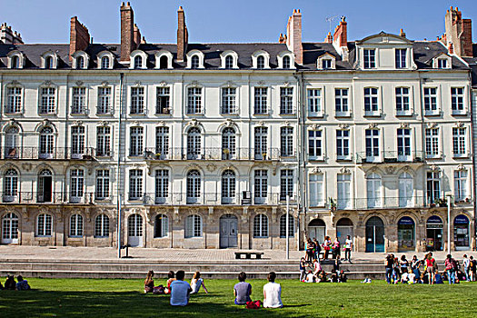法国,南特,小径,年轻人,太阳,草坪,正面,18世纪,建筑