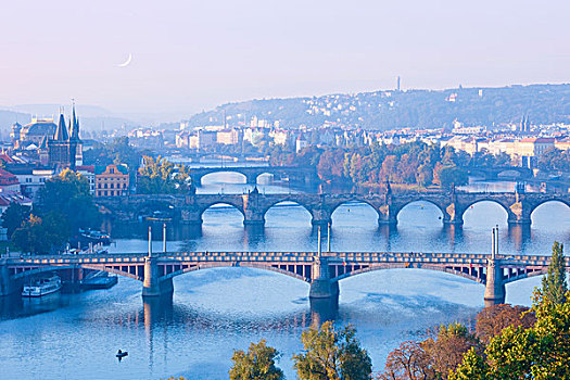 捷克共和国,布拉格,桥,上方,伏尔塔瓦河,河,早晨,亮光