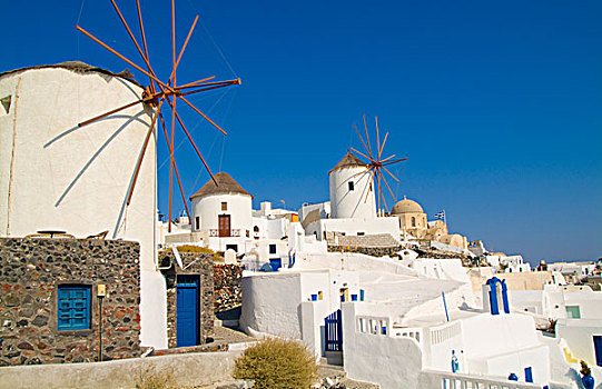 白色,建筑,风车,山,悬崖,锡拉岛,希腊