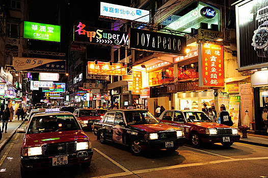 红色,出租车,街道,尖沙嘴,夜晚,九龙,香港,中国,亚洲