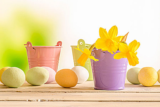 复活节彩蛋,花盆,水仙花,木桌子