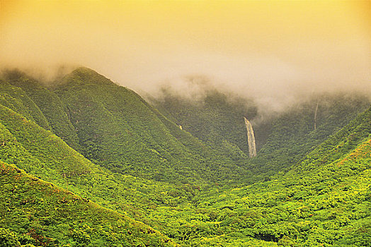 瀑布,山谷,莫洛凯岛,夏威夷,美国