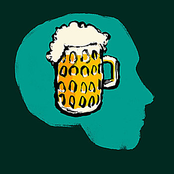 插画,品脱杯,啤酒,头部,绿色背景