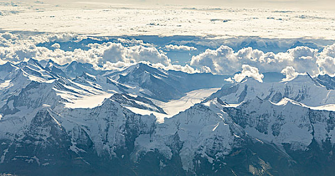 航拍,山,艾格尔峰,少女峰,冰河,背影,伯尔尼阿尔卑斯山,瑞士,欧洲