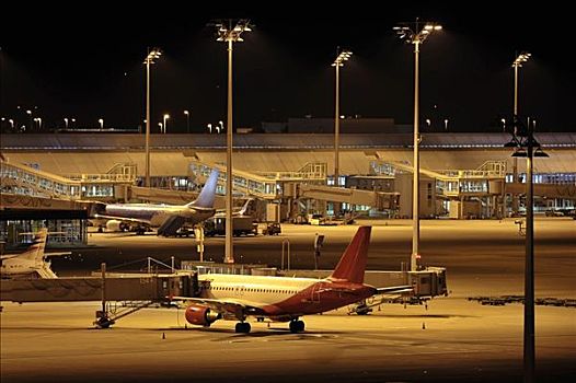 客机,飞机场,慕尼黑,机场,巴伐利亚,德国,俯视图,夜景