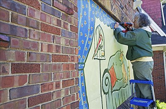 志愿者,社区,条理,壁画,镶接木板,房子,附近,底特律,密歇根,美国