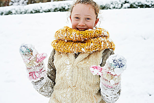 微笑,女孩,玩,雪中