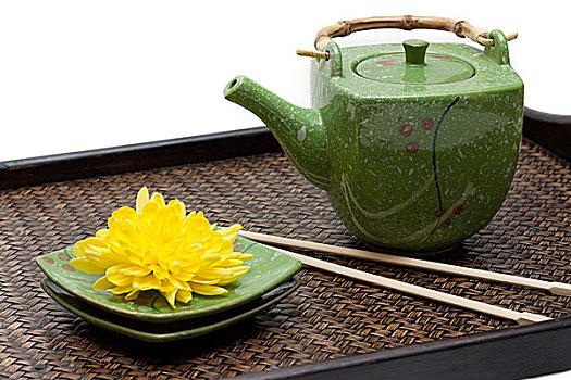 竹子,托盘,绿色,陶瓷,茶壶