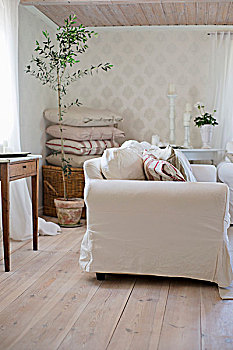 沙发,白色,松,遮盖,小,盆栽,橄榄树,一堆,垫子,乡村,客厅,木地板