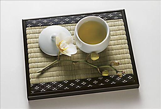 碗,绿茶,竹垫