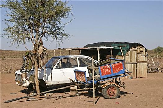 汽车,驴,手推车,正面,小,房舍,纳米比亚,非洲
