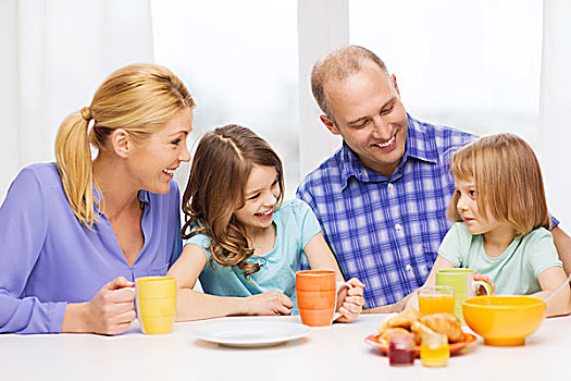 家庭,孩子,人,概念,幸福之家,两个,吃早餐,在家