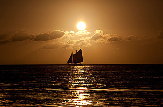 帆船,大西洋,日落,基韦斯特,佛罗里达,美国