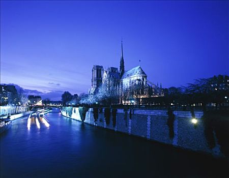 法国,巴黎,驳船,赛纳河,夜晚