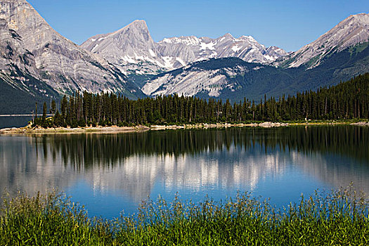 高山湖,反射,山脉,雪,蓝天,卡纳纳斯基斯,省立公园,艾伯塔省,加拿大