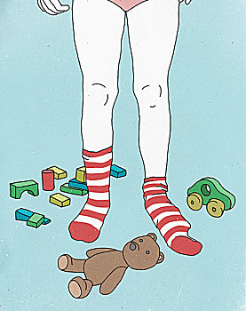 下部,女孩,穿,袜子,围绕,玩具,彩色背景