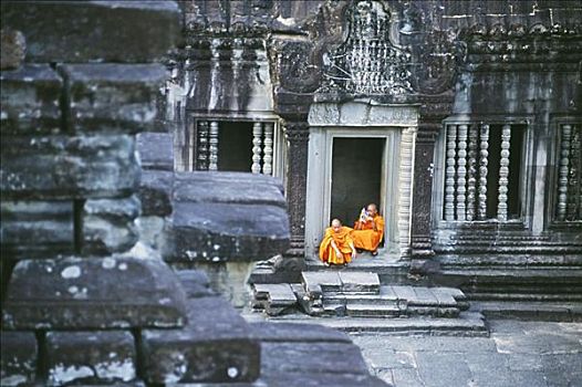 柬埔寨,吴哥窟,巴扬寺,僧侣,坐,庙宇,入口