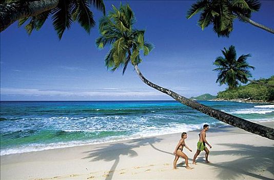 塞舌尔,马埃岛,西南,印度洋,海洋,海滩,靠近,游客,伴侣,男人,女人,假日,夏天