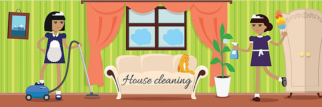 家务清洁,旗帜,两个女孩,制服,清洁,房子,清洁服务,服务,家务,家,生活,无尘室,插画