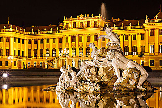 夜晚,照片,影象,喷泉,前院,宫殿,维也纳