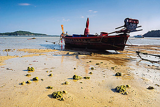 船,海滩,蓝天背景,泰国