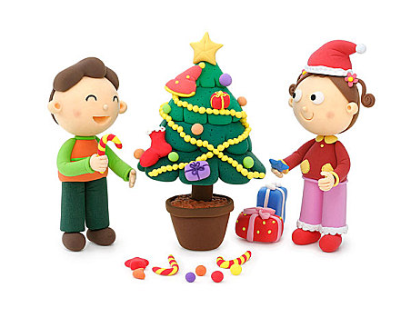 插画,圣诞节,树,礼物