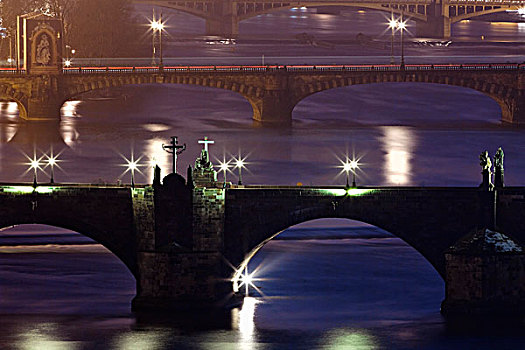 布拉格,桥,上方,伏尔塔瓦河,河,黃昏,关注