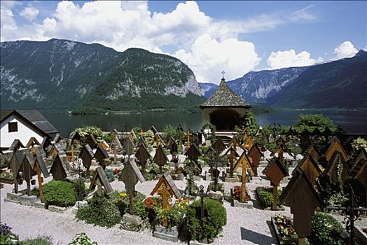 奥地利,高,萨尔茨卡莫古特,区域,哈尔斯塔特,墓地,靠近,湖,看,背景