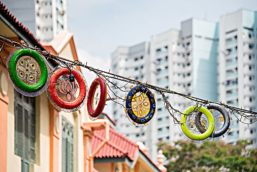 传统,街道,装饰,小印度,对比,现代,高层建筑,新加坡