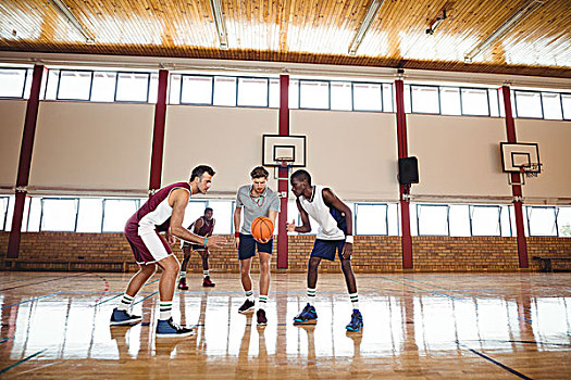 篮球手,就绪,跳跃,球,球场,室内