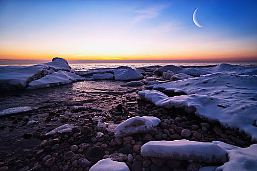 冰,岸边,密歇根湖,月亮,一对,展示,普罗旺斯地区艾克斯,漂亮,早晨,威斯康辛,美国