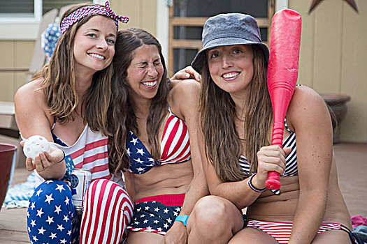 头像,三个女人,年轻,穿,美国国旗,服饰,庆贺,独立日,美国
