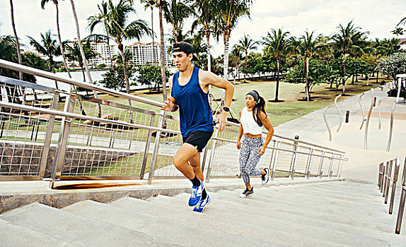 男人,女人,练习,户外,跑,向上,俯视图,南,公园,迈阿密海滩,佛罗里达,美国