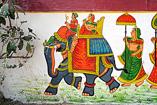 壁画,装饰,骑乘,幼兽,乌代浦尔,拉贾斯坦邦,北印度,印度,南亚,亚洲