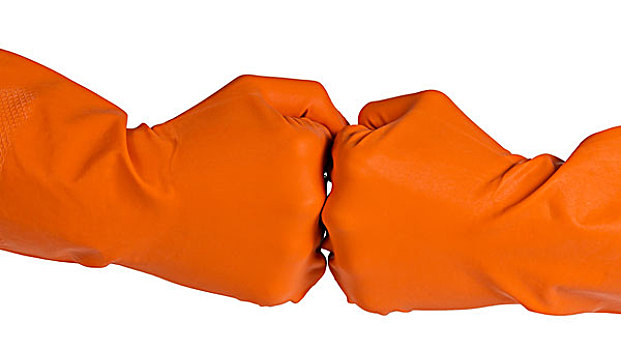 两个,拳头,橙色,手套,隔绝,白色背景