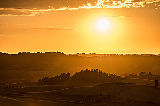 丘陵地貌,日落,托斯卡纳,意大利,欧洲