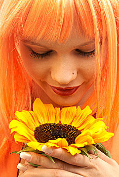 可爱,橙色,头发,女孩,向日葵