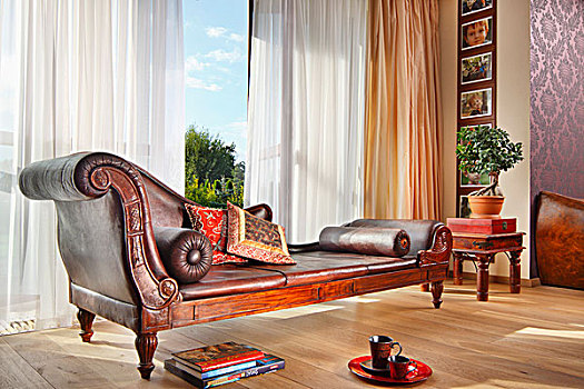 优雅,老式,躺椅,正面,全景,窗户,轻快,帘,传统,室内