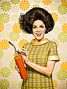 女人,20世纪60年代,风格,连衣裙,花,壁纸,拿着,喷灯