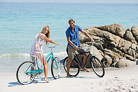 头像,情侣,骑,自行车,海滩,幸福伴侣,岸边