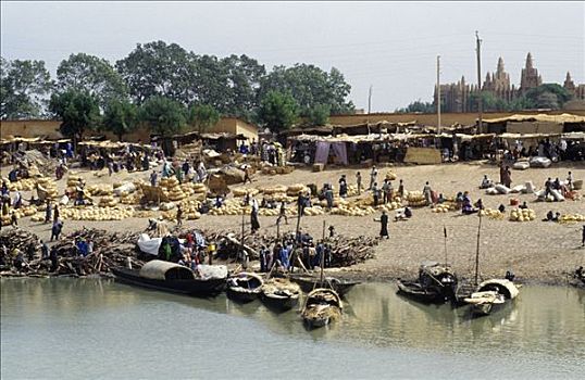 独木舟,捆绑,堤岸,尼日尔河,市场