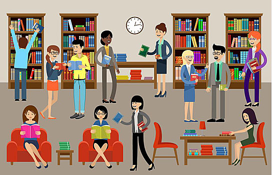 图书馆,室内,人,书架,教育,矢量,插画
