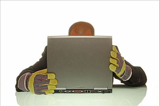 商务人士,穿,花园,手套,后面,笔记本电脑