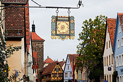 悬挂,标识,黄金,花,城市街道,罗腾堡